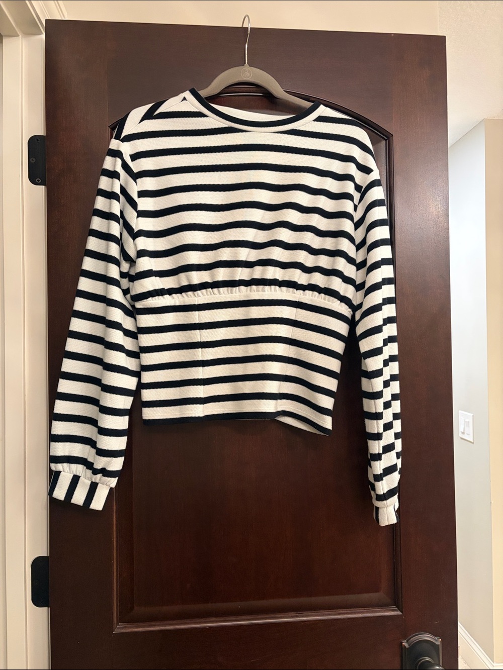 Maeve Black and White Striped Long-Sleeve Cropped Top